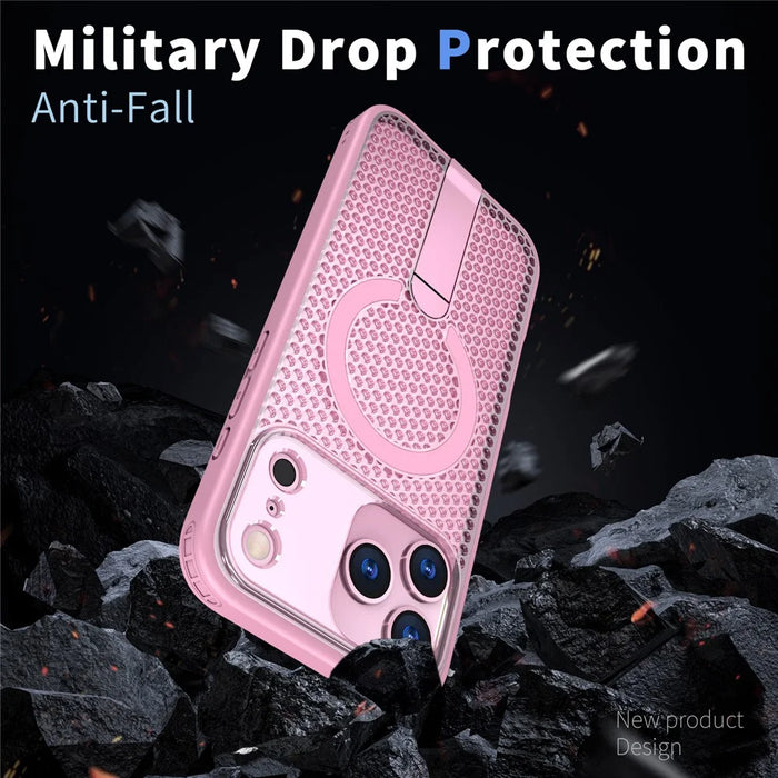 For iPhone 18 Pro Max / 17 Pro Max Magnetic Case Kickstand Grid Texture TPU PC Phone Back Cover - Pink - 3