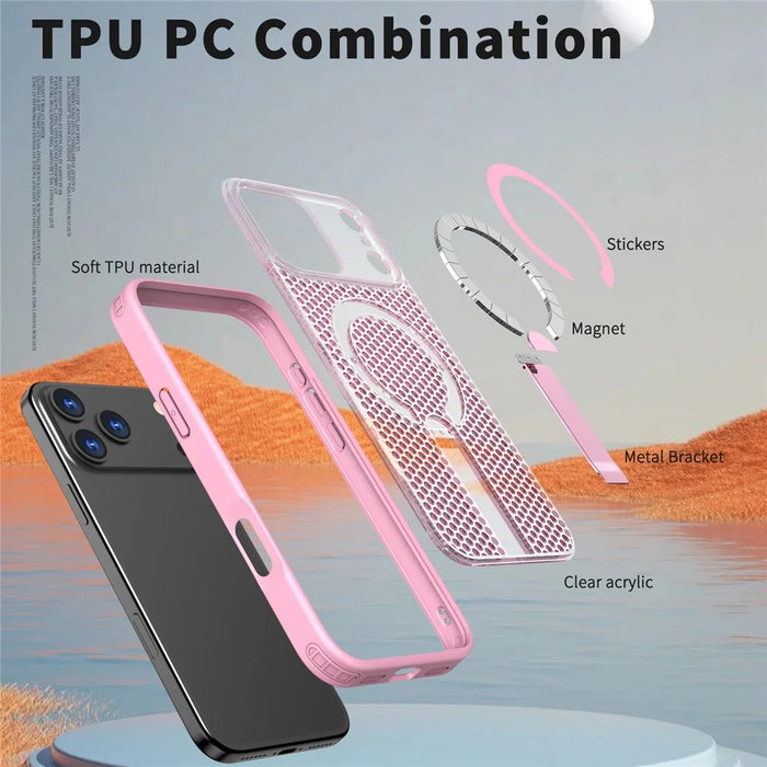 For iPhone 18 Pro Max / 17 Pro Max Magnetic Case Kickstand Grid Texture TPU PC Phone Back Cover - Pink - 5