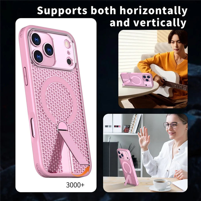 For iPhone 18 Pro Max / 17 Pro Max Magnetic Case Kickstand Grid Texture TPU PC Phone Back Cover - Pink - 6