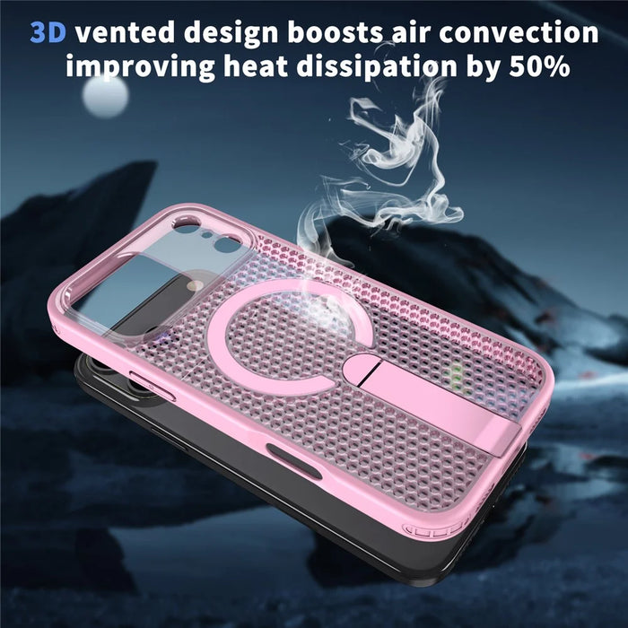 For iPhone 18 Pro Max / 17 Pro Max Magnetic Case Kickstand Grid Texture TPU PC Phone Back Cover - Pink - 7