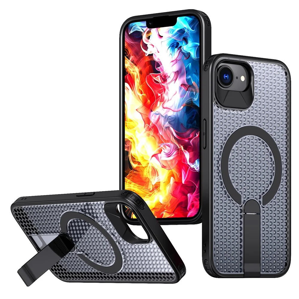 For iPhone 17e / 16e Magnetic Case Kickstand Grid Texture TPU PC Phone Back Cover - Black - 1