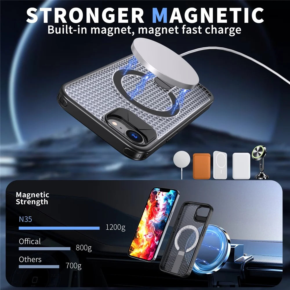 For iPhone 17e / 16e Magnetic Case Kickstand Grid Texture TPU PC Phone Back Cover - Black - 2