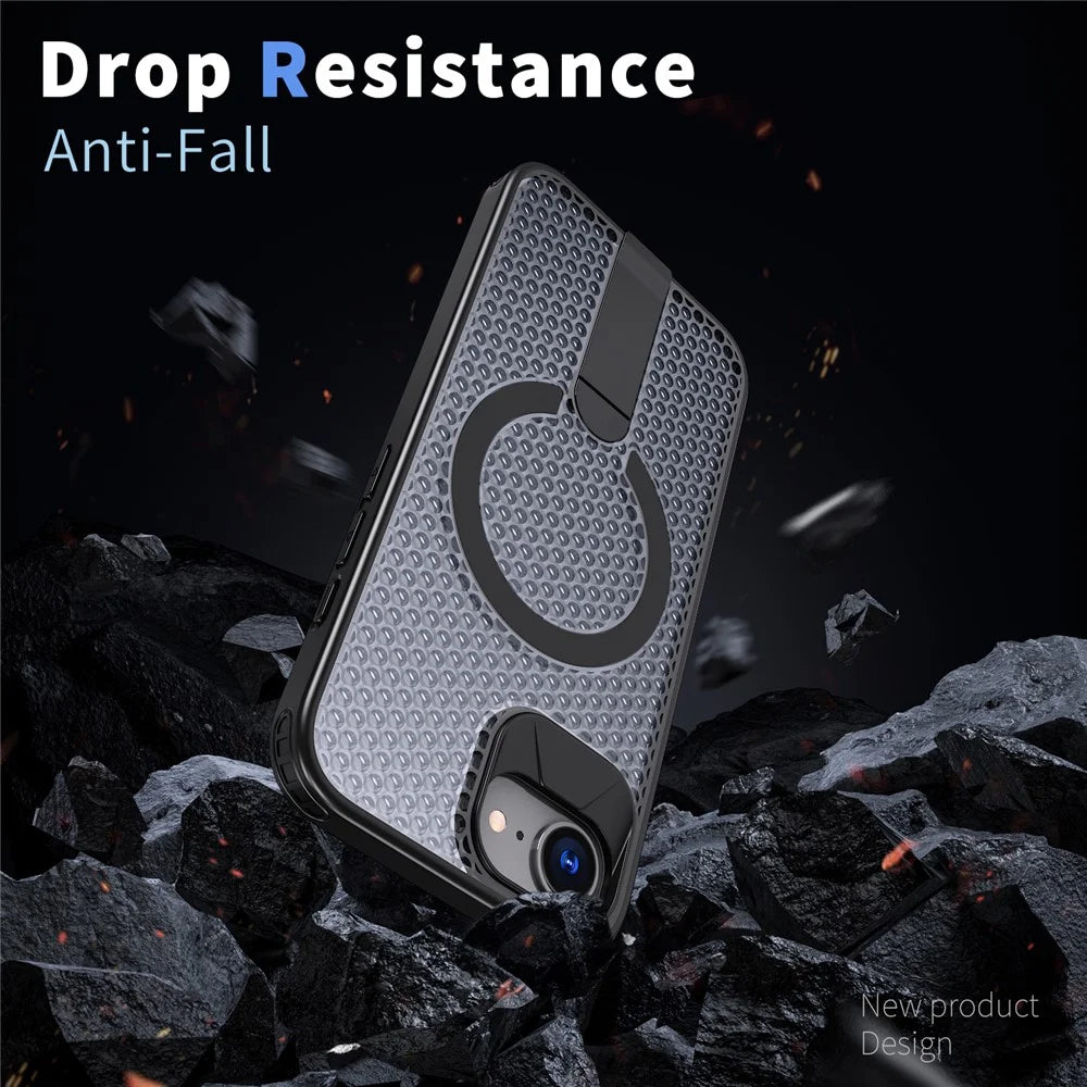 For iPhone 17e / 16e Magnetic Case Kickstand Grid Texture TPU PC Phone Back Cover - Black - 3