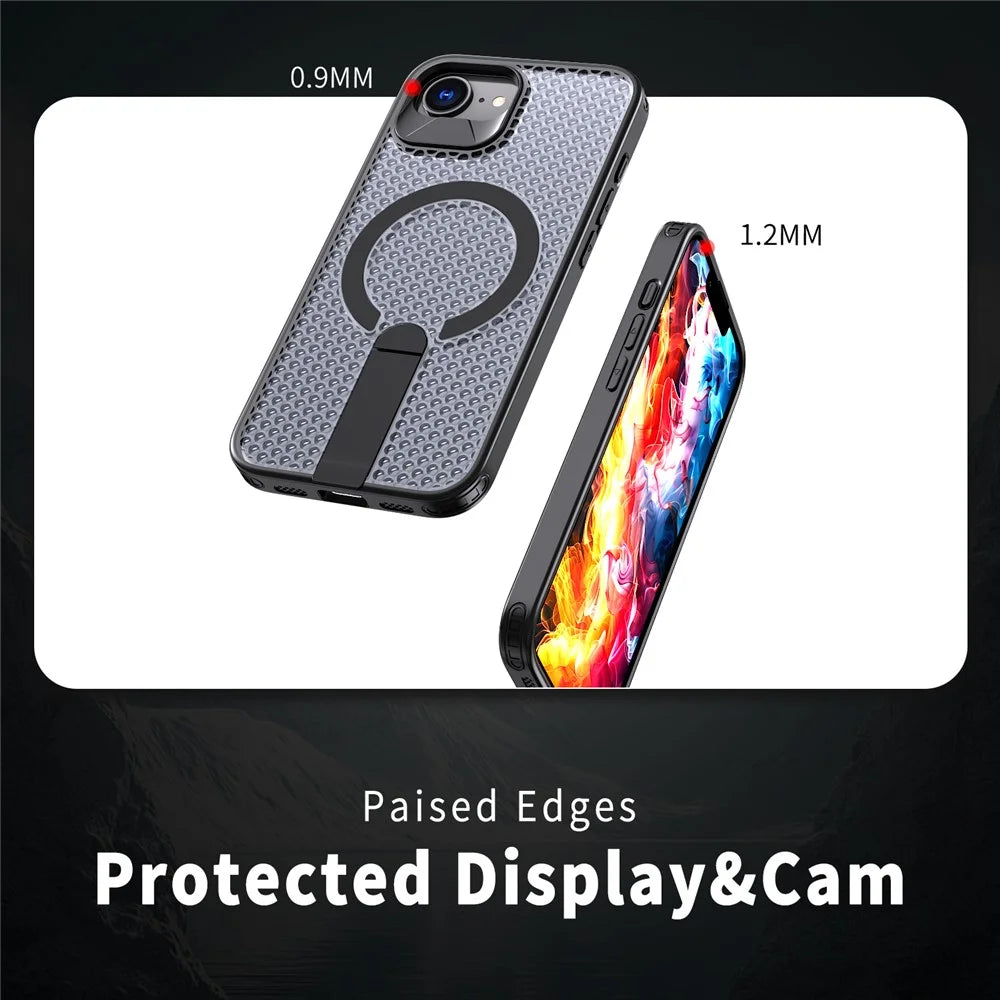 For iPhone 17e / 16e Magnetic Case Kickstand Grid Texture TPU PC Phone Back Cover - Black - 4