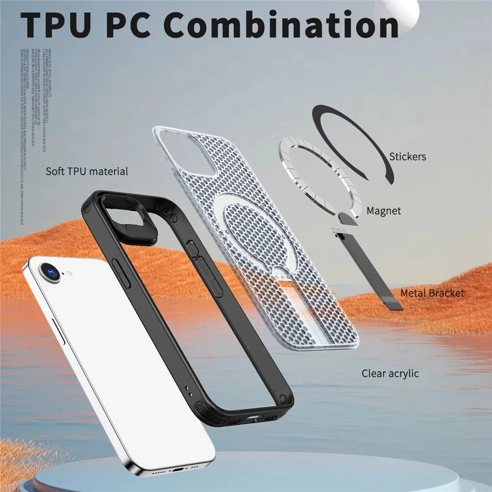 For iPhone 17e / 16e Magnetic Case Kickstand Grid Texture TPU PC Phone Back Cover - Black - 5