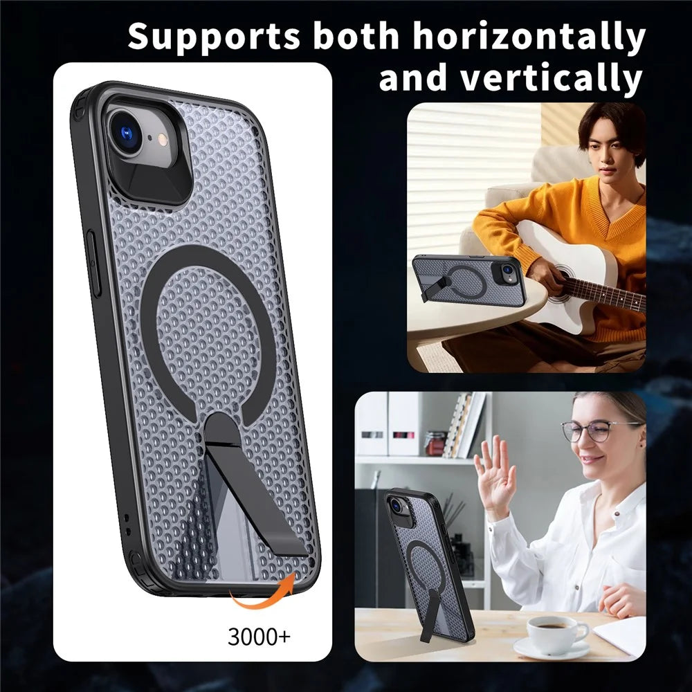 For iPhone 17e / 16e Magnetic Case Kickstand Grid Texture TPU PC Phone Back Cover - Black - 6