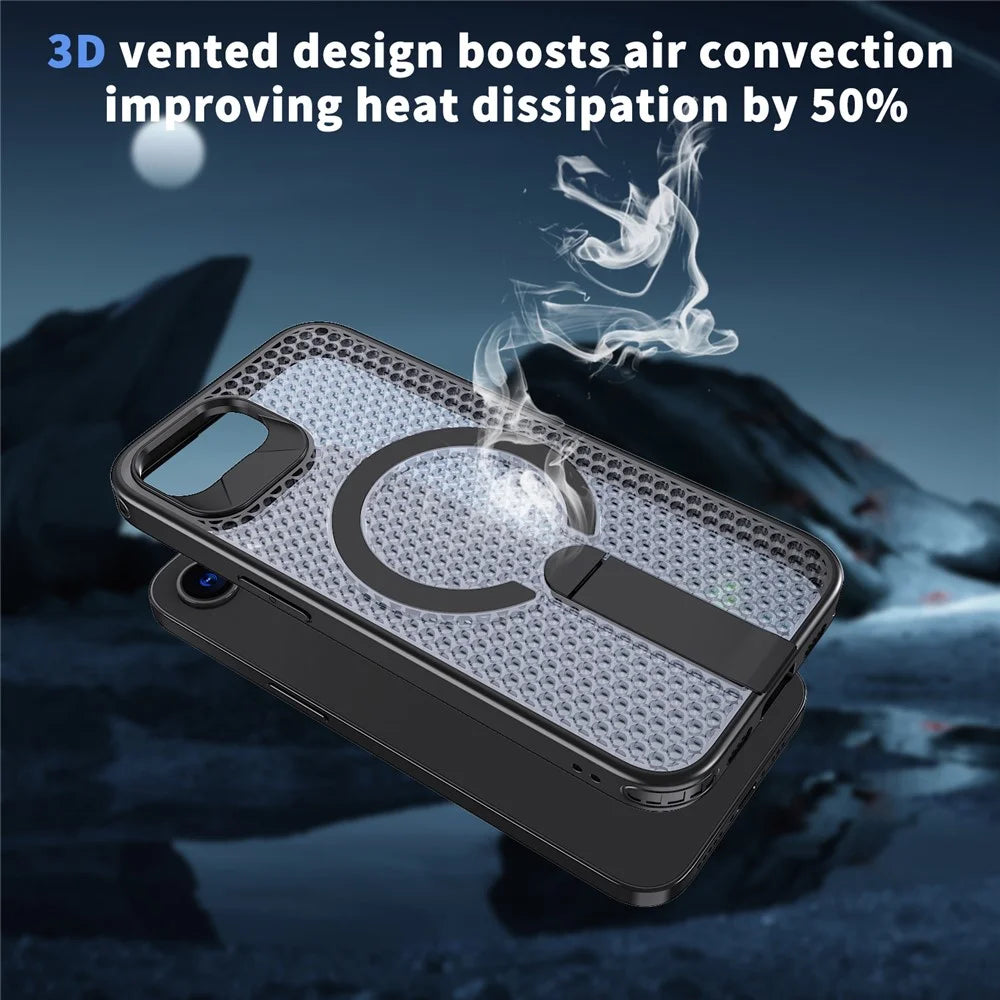 For iPhone 17e / 16e Magnetic Case Kickstand Grid Texture TPU PC Phone Back Cover - Black - 7