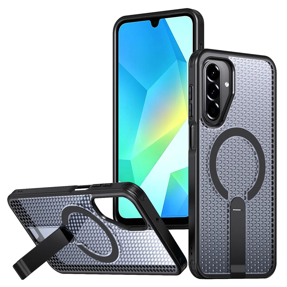 For Samsung Galaxy A16 5G  /  4G Magnetic Case Kickstand Grid Texture TPU PC Phone Back Cover - Black - 1