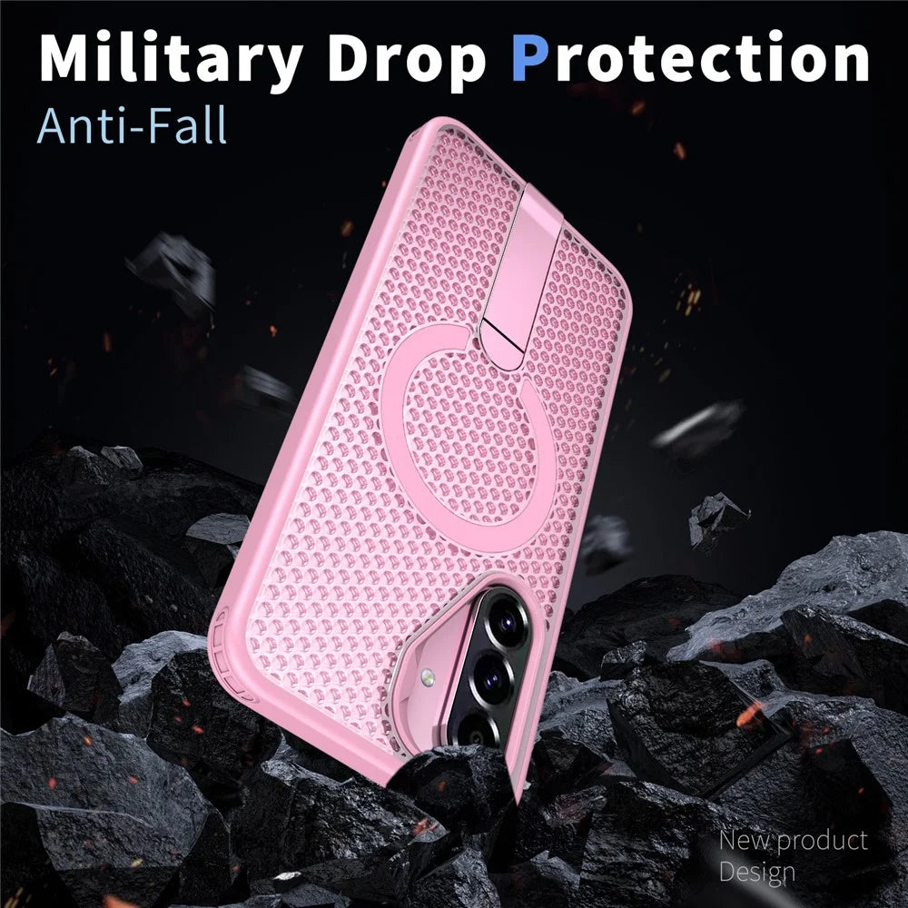 For Samsung Galaxy A26 5G Magnetic Case Kickstand Grid Texture TPU PC Phone Back Cover - Pink - 3