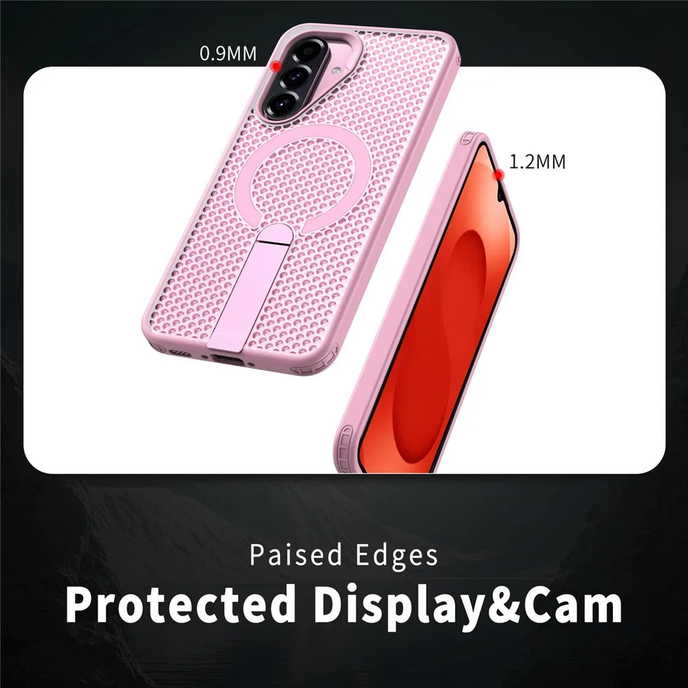 For Samsung Galaxy A26 5G Magnetic Case Kickstand Grid Texture TPU PC Phone Back Cover - Pink - 4