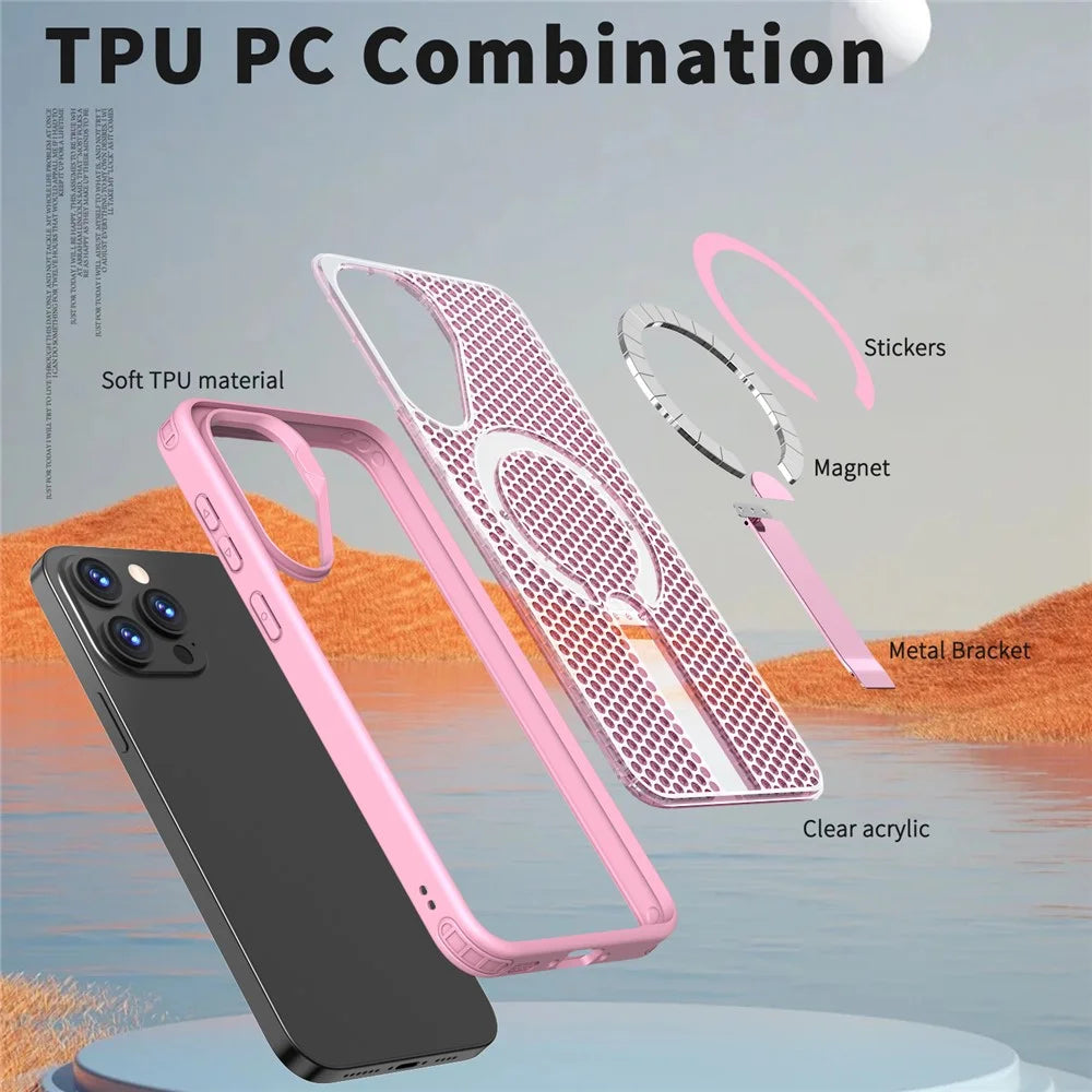 For Samsung Galaxy A26 5G Magnetic Case Kickstand Grid Texture TPU PC Phone Back Cover - Pink - 5
