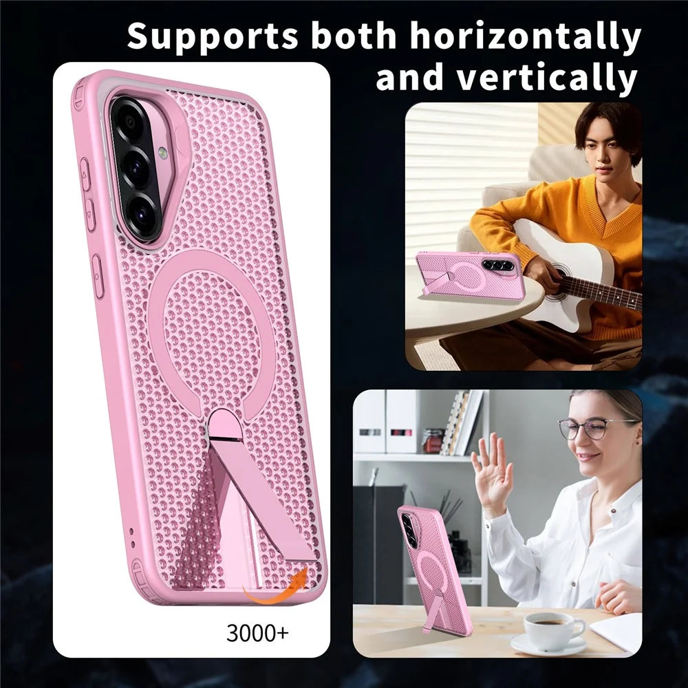 For Samsung Galaxy A26 5G Magnetic Case Kickstand Grid Texture TPU PC Phone Back Cover - Pink - 6