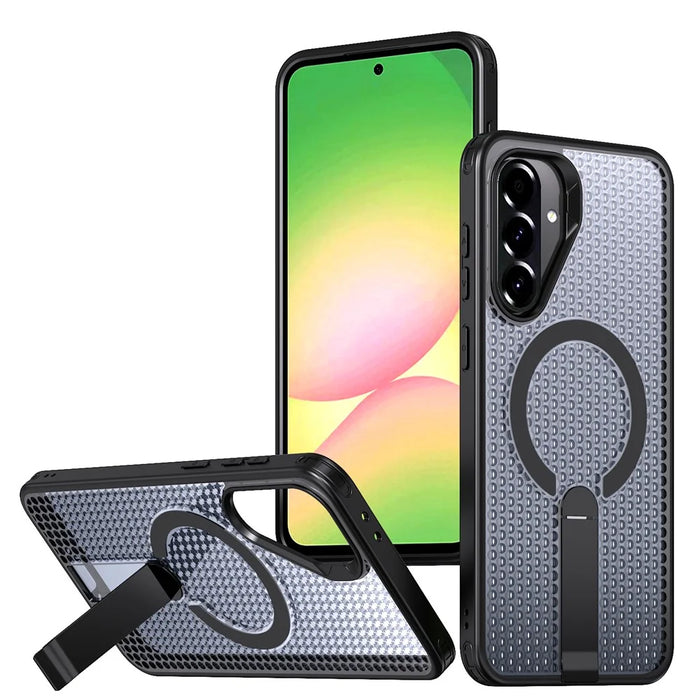 For Samsung Galaxy A36 5G Magnetic Case Kickstand Grid Texture TPU PC Phone Back Cover - Black - 1