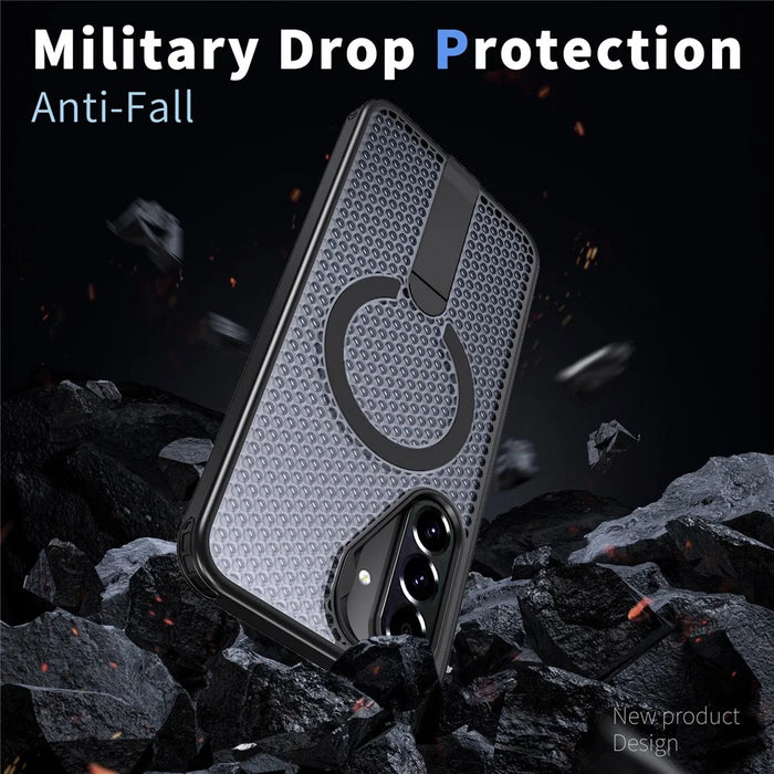 For Samsung Galaxy A36 5G Magnetic Case Kickstand Grid Texture TPU PC Phone Back Cover - Black - 3