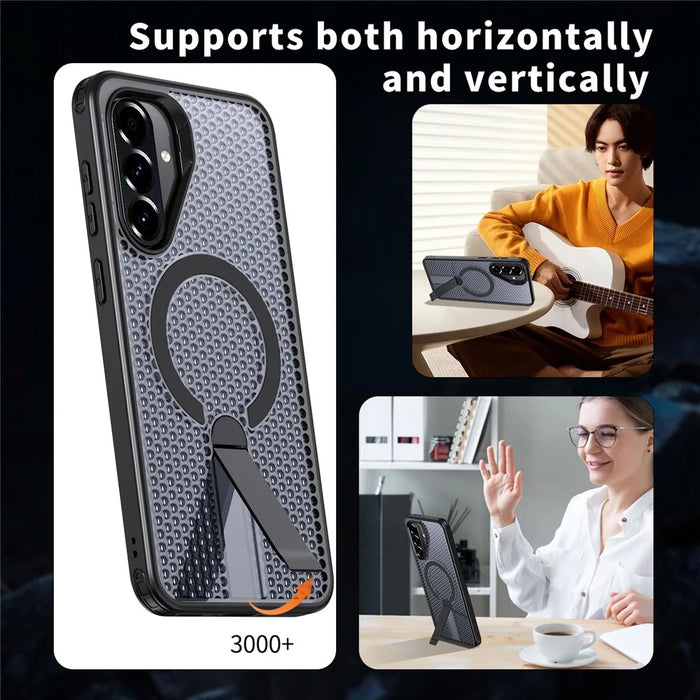 For Samsung Galaxy A36 5G Magnetic Case Kickstand Grid Texture TPU PC Phone Back Cover - Black - 6