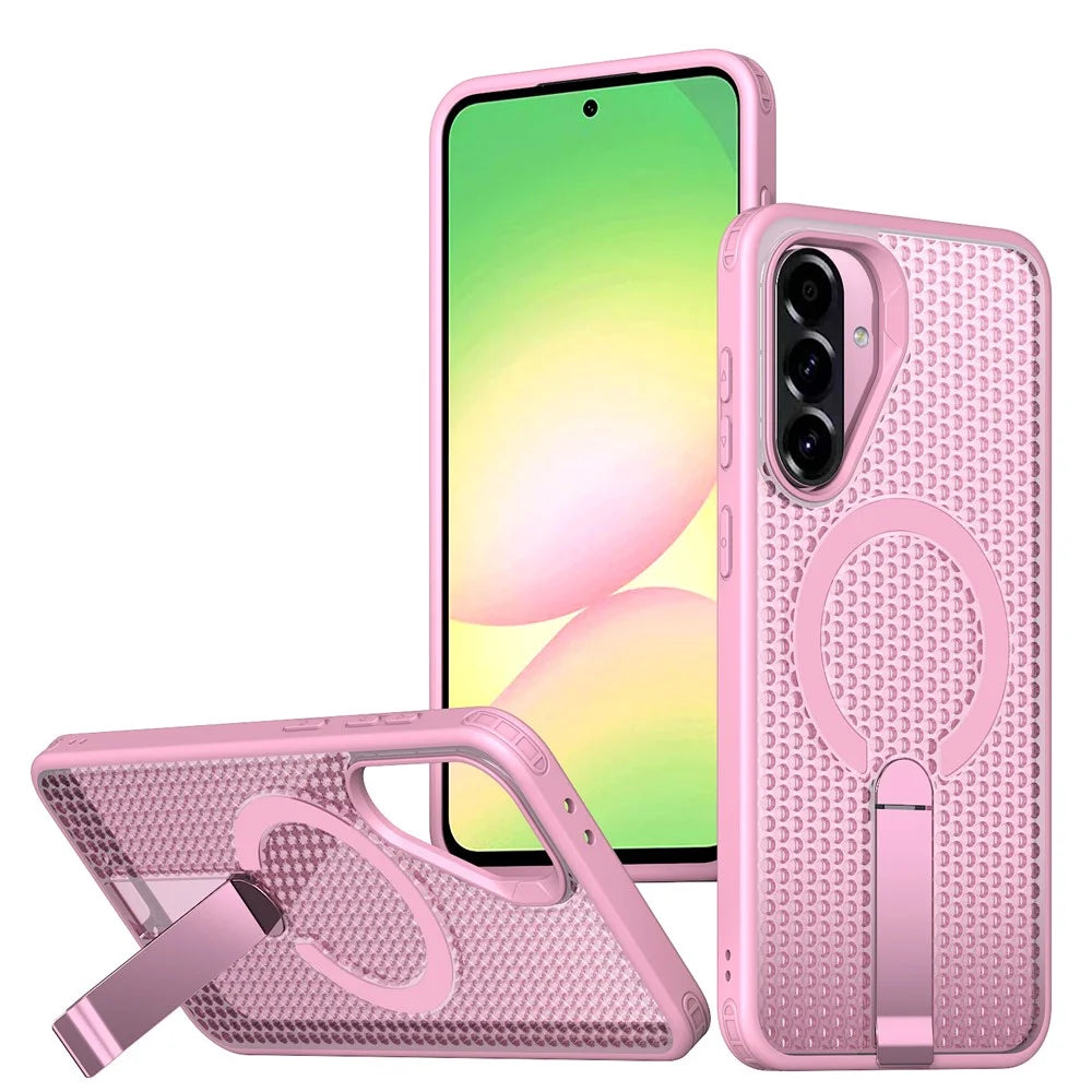 For Samsung Galaxy A56 5G Magnetic Case Kickstand Grid Texture TPU PC Phone Back Cover - Pink - 1