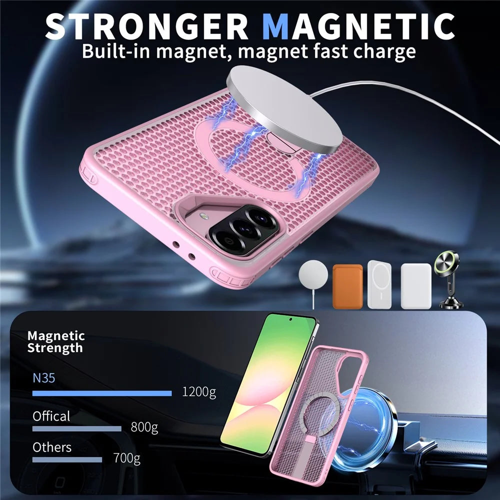 For Samsung Galaxy A56 5G Magnetic Case Kickstand Grid Texture TPU PC Phone Back Cover - Pink - 2