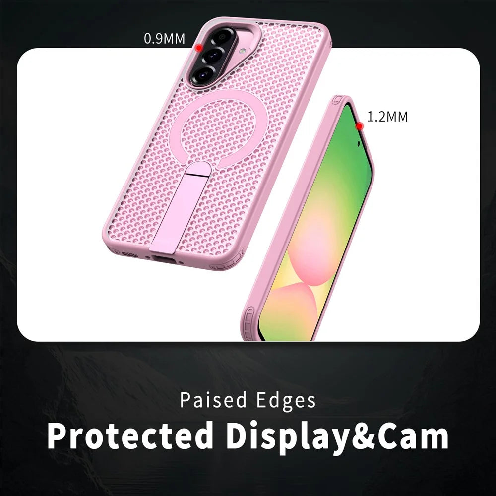For Samsung Galaxy A56 5G Magnetic Case Kickstand Grid Texture TPU PC Phone Back Cover - Pink - 4