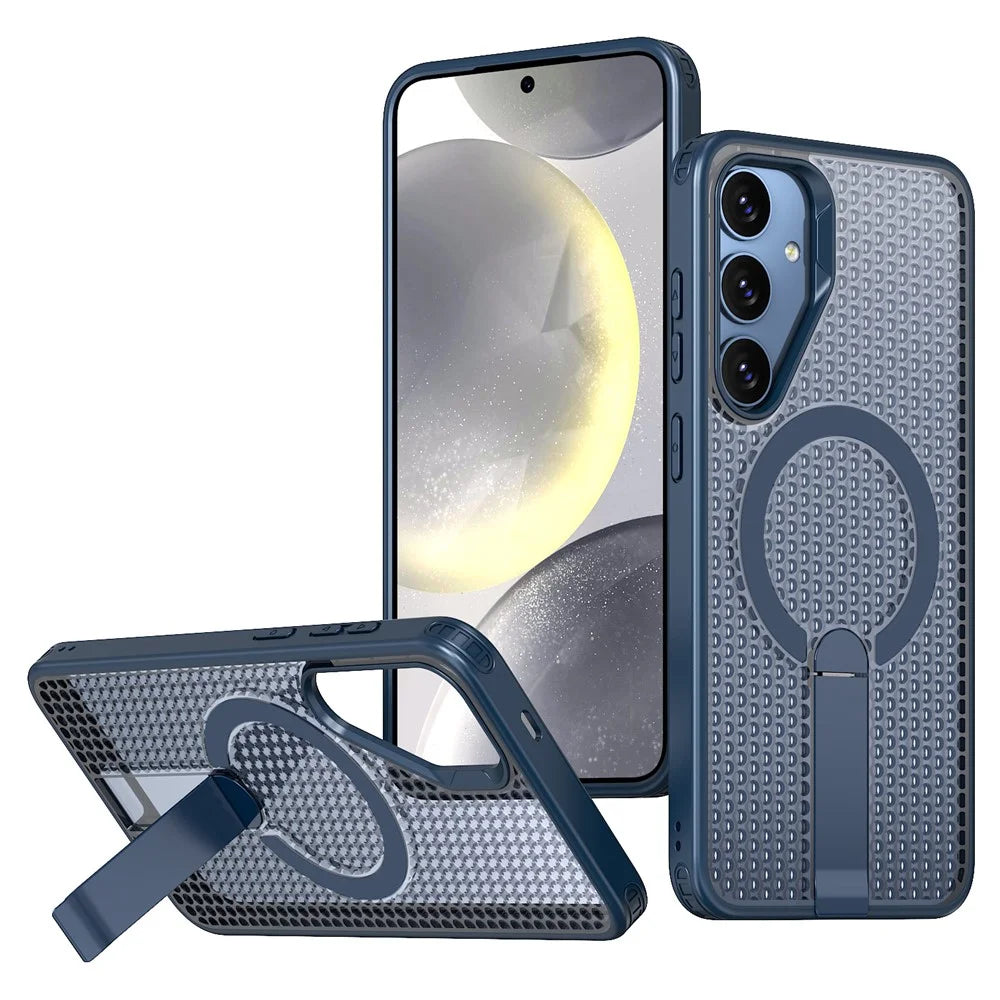 For Samsung Galaxy S25 Magnetic Case Kickstand Grid Texture TPU PC Phone Back Cover - Blue - 1