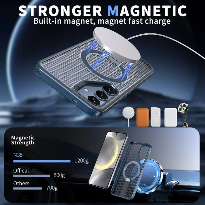 For Samsung Galaxy S25 Magnetic Case Kickstand Grid Texture TPU PC Phone Back Cover - Blue - 2
