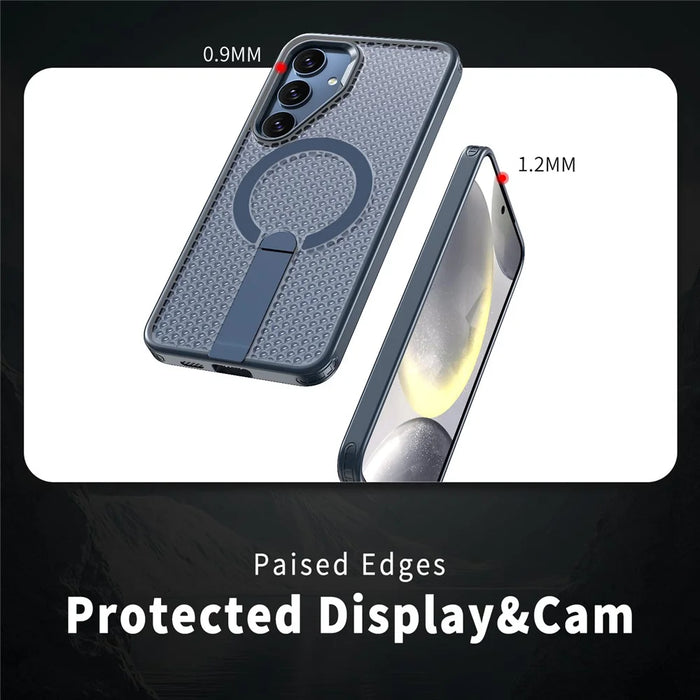 For Samsung Galaxy S25 Magnetic Case Kickstand Grid Texture TPU PC Phone Back Cover - Blue - 4