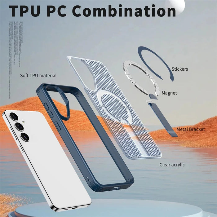 For Samsung Galaxy S25 Magnetic Case Kickstand Grid Texture TPU PC Phone Back Cover - Blue - 5