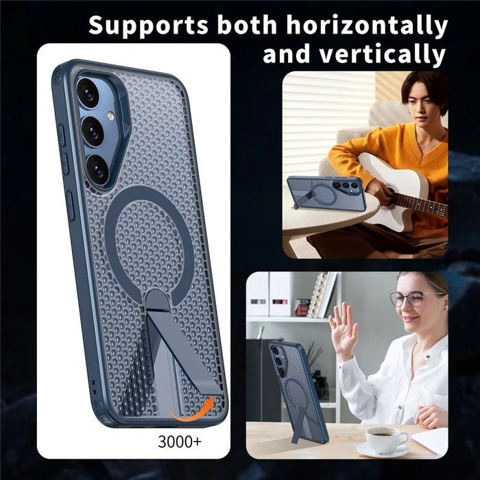 For Samsung Galaxy S25 Magnetic Case Kickstand Grid Texture TPU PC Phone Back Cover - Blue - 6