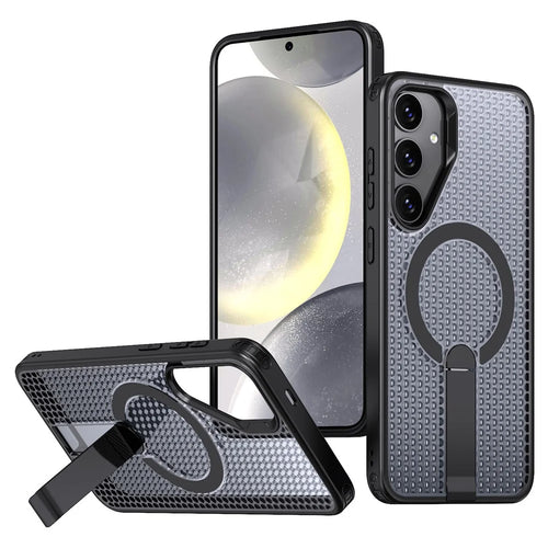 For Samsung Galaxy S25+ Magnetic Case Kickstand Grid Texture TPU PC Phone Back Cover - Black - 1