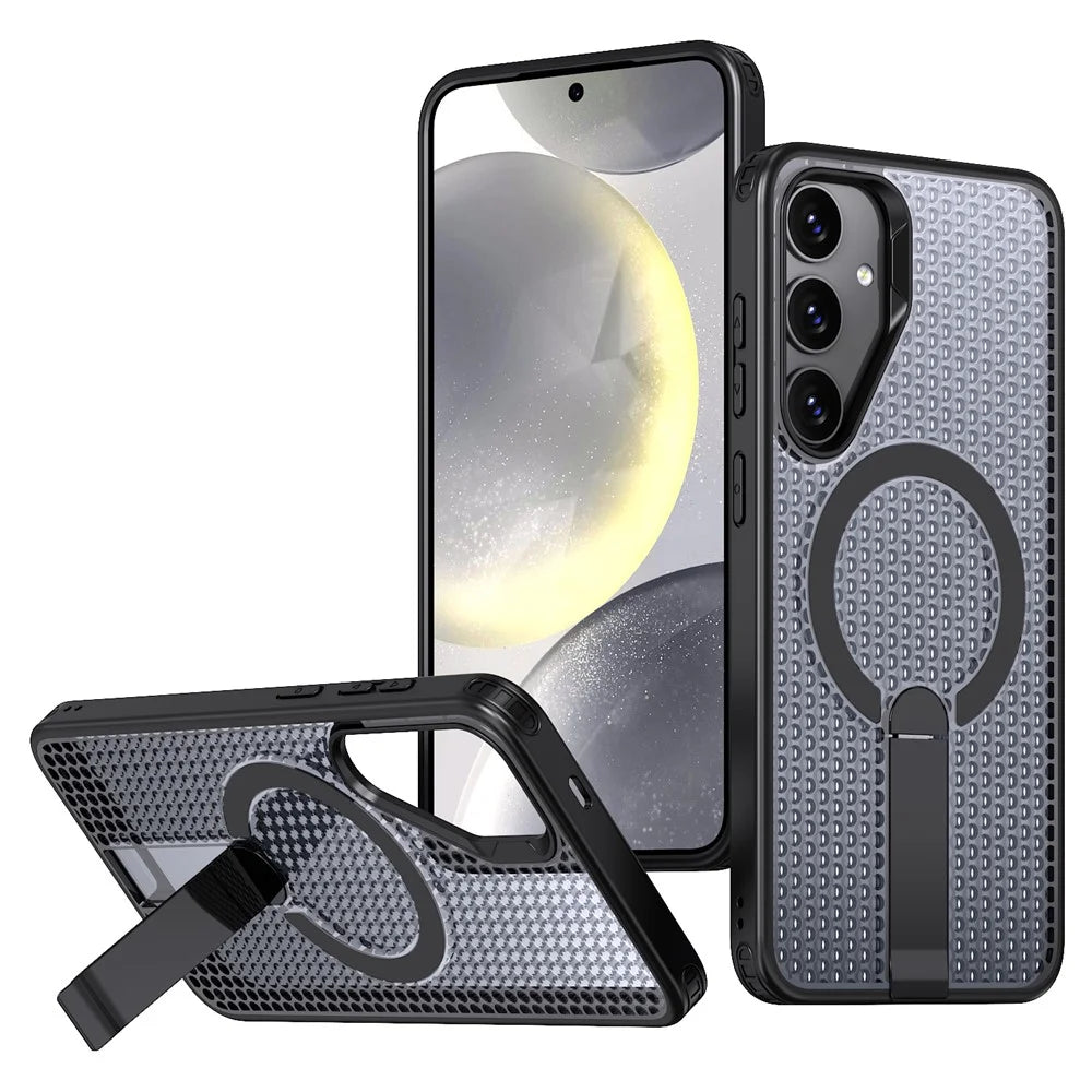 For Samsung Galaxy S25+ Magnetic Case Kickstand Grid Texture TPU PC Phone Back Cover - Black - 1