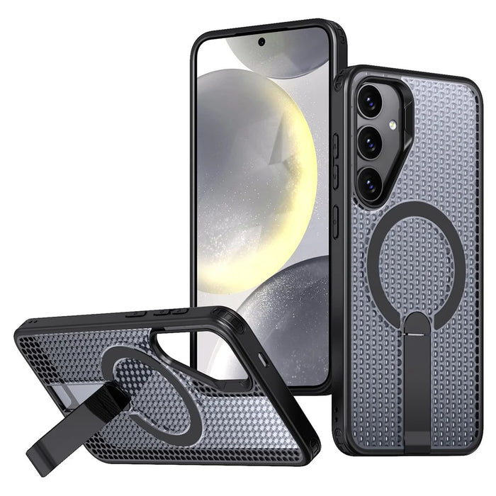 For Samsung Galaxy S25+ Magnetic Case Kickstand Grid Texture TPU PC Phone Back Cover - Black - 1