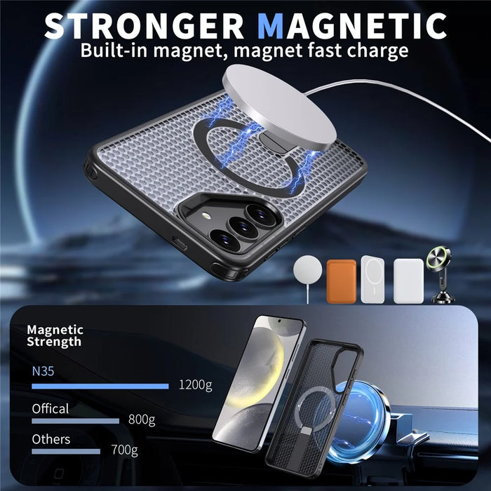 For Samsung Galaxy S25+ Magnetic Case Kickstand Grid Texture TPU PC Phone Back Cover - Black - 2