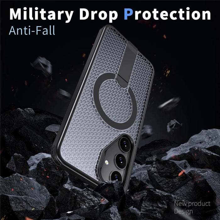 For Samsung Galaxy S25+ Magnetic Case Kickstand Grid Texture TPU PC Phone Back Cover - Black - 3