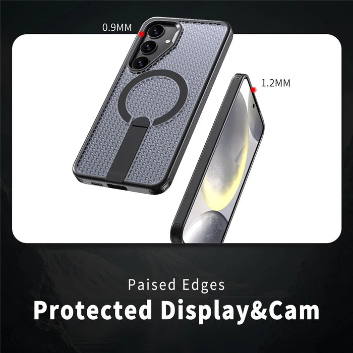 For Samsung Galaxy S25+ Magnetic Case Kickstand Grid Texture TPU PC Phone Back Cover - Black - 4