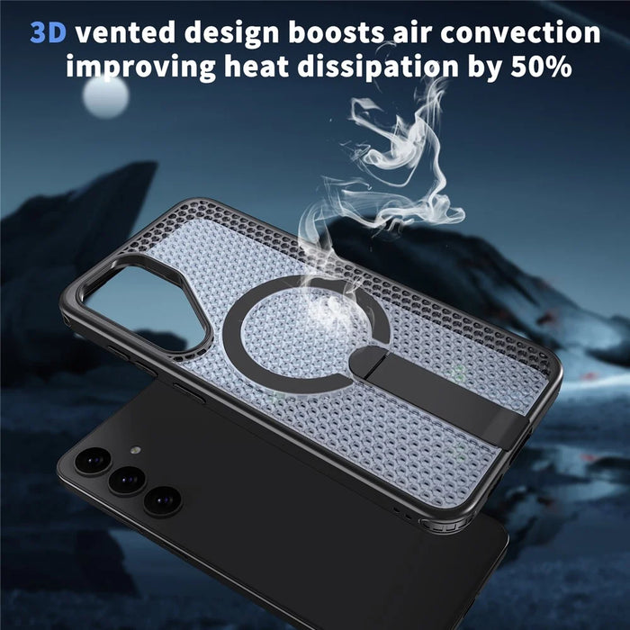 For Samsung Galaxy S25+ Magnetic Case Kickstand Grid Texture TPU PC Phone Back Cover - Black - 7
