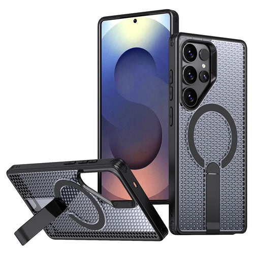 For Samsung Galaxy S25 Ultra Magnetic Case Kickstand Grid Texture TPU PC Phone Back Cover - Black - 1