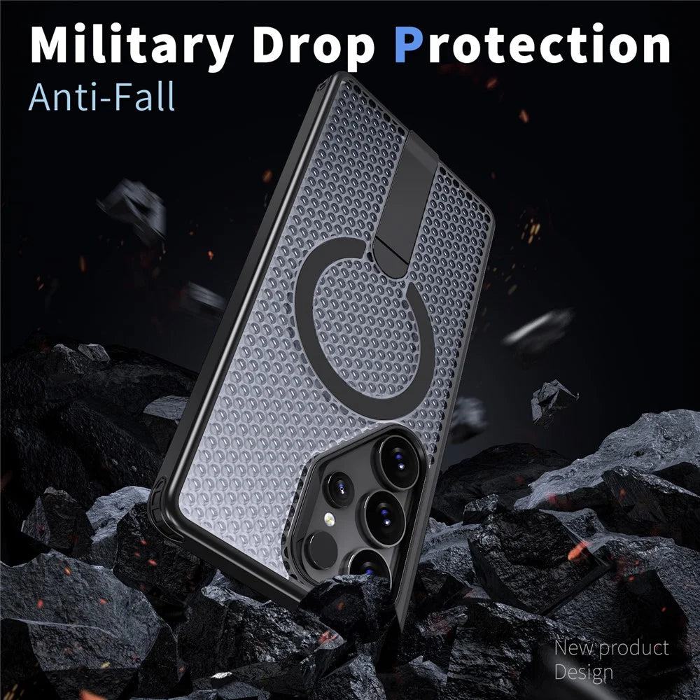 For Samsung Galaxy S25 Ultra Magnetic Case Kickstand Grid Texture TPU PC Phone Back Cover - Black - 3