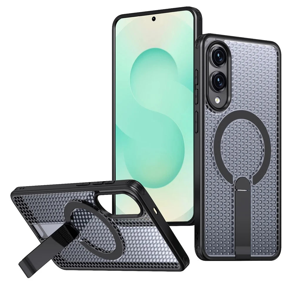 For Samsung Galaxy S25 Edge Magnetic Case Kickstand Grid Texture TPU PC Phone Back Cover - Black - 1