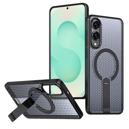 For Samsung Galaxy S25 Edge Magnetic Case Kickstand Grid Texture TPU PC Phone Back Cover - Black - 1