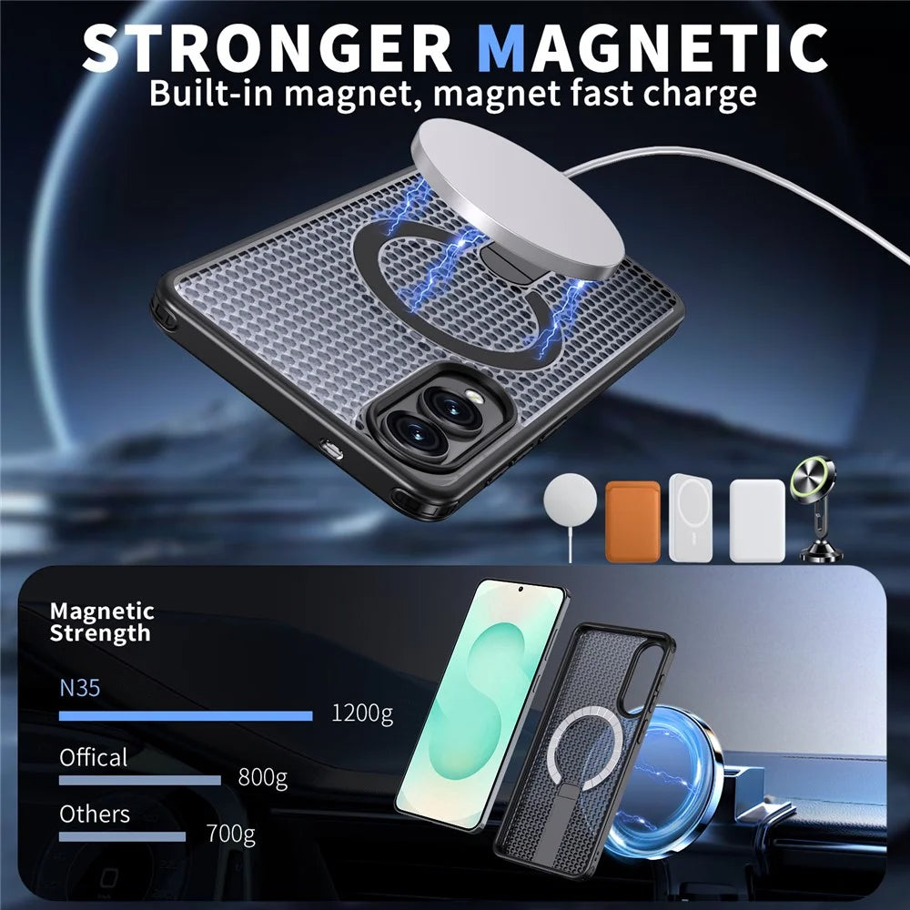 For Samsung Galaxy S25 Edge Magnetic Case Kickstand Grid Texture TPU PC Phone Back Cover - Black - 2