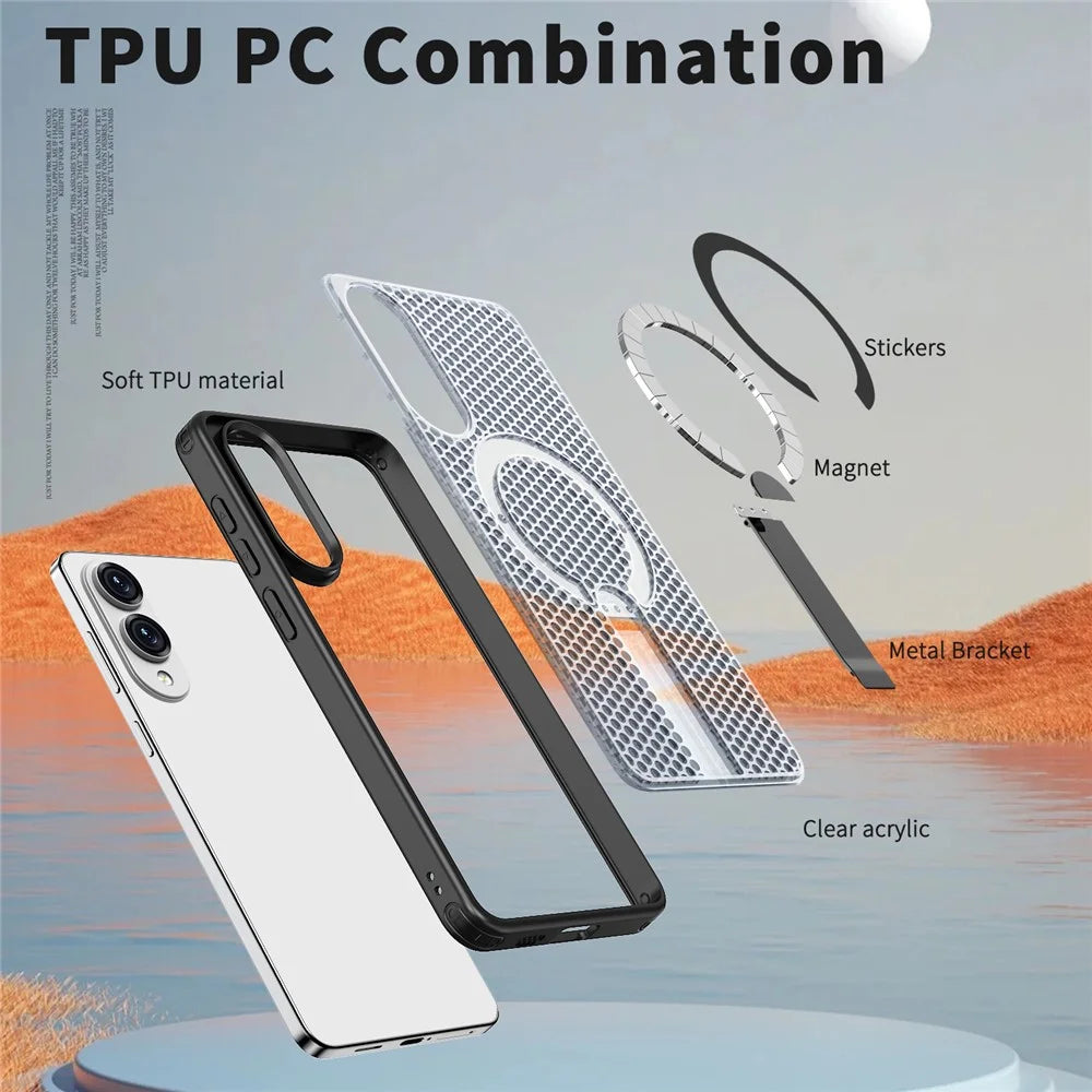 For Samsung Galaxy S25 Edge Magnetic Case Kickstand Grid Texture TPU PC Phone Back Cover - Black - 5