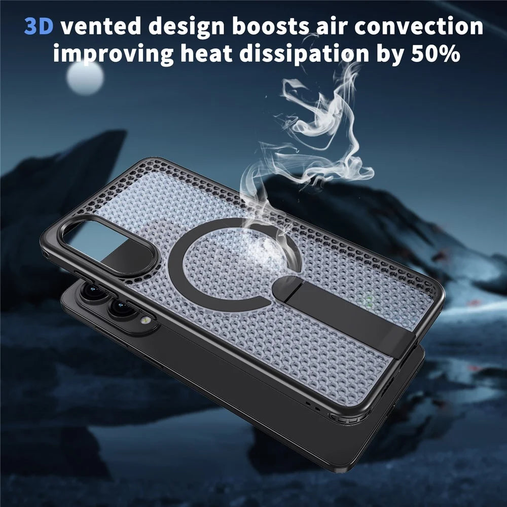 For Samsung Galaxy S25 Edge Magnetic Case Kickstand Grid Texture TPU PC Phone Back Cover - Black - 7