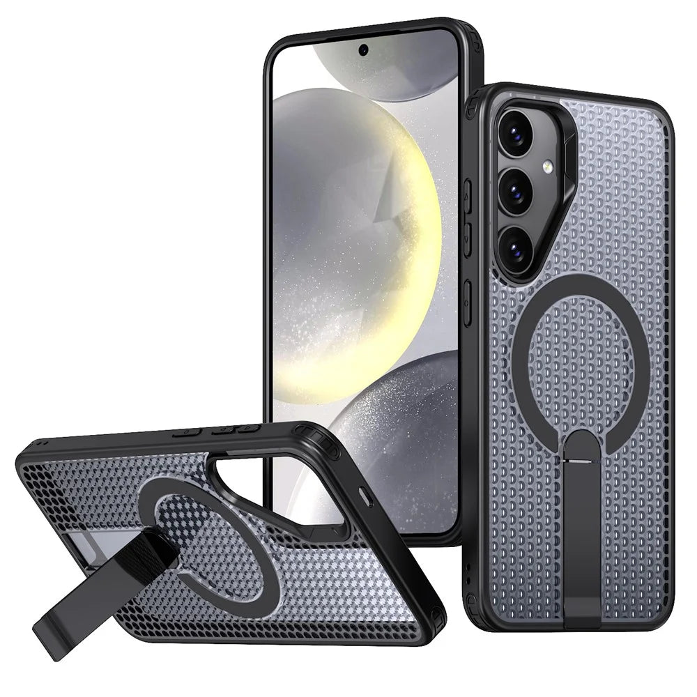 For Samsung Galaxy S25 FE Magnetic Case Kickstand Grid Texture TPU PC Phone Back Cover - Black - 1