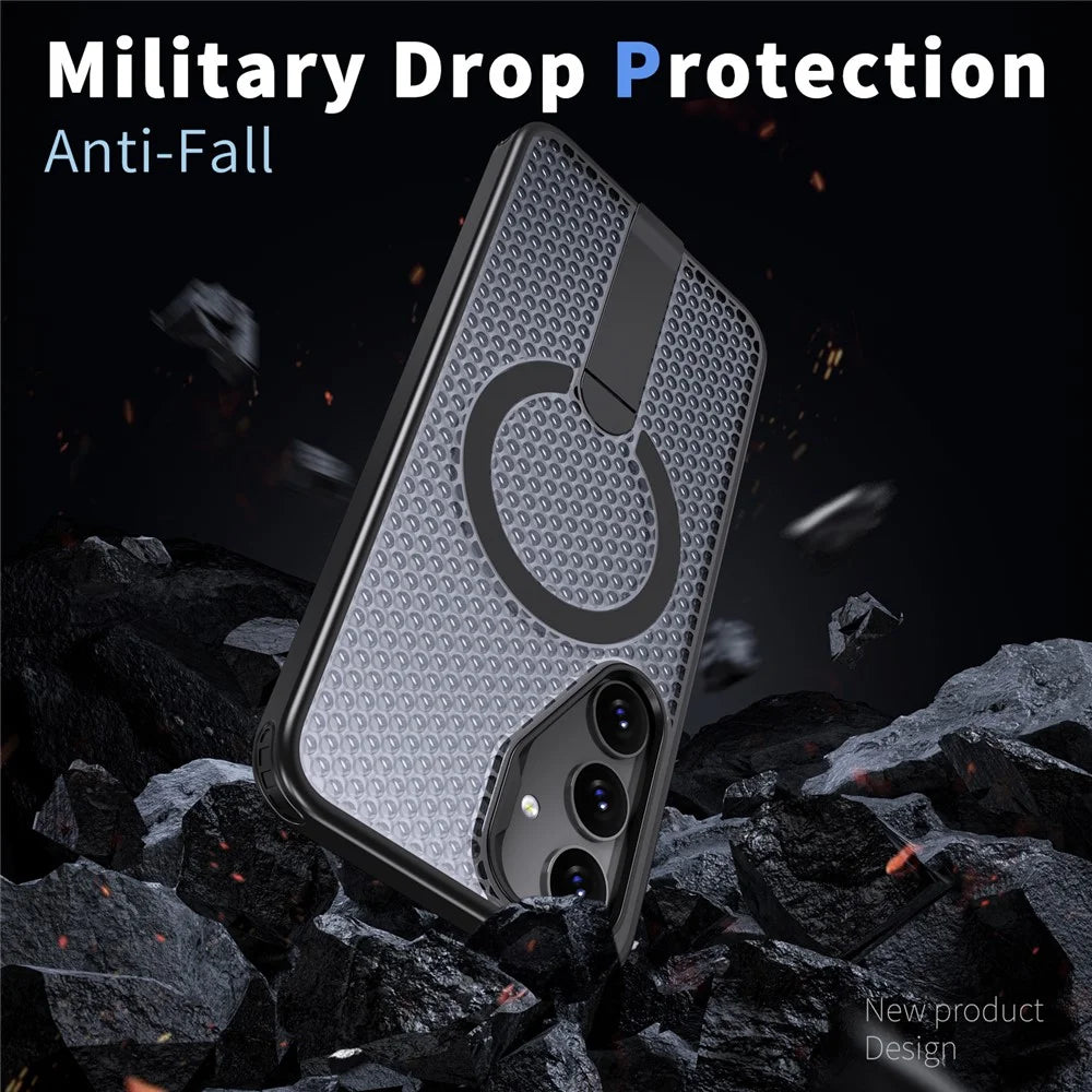 For Samsung Galaxy S25 FE Magnetic Case Kickstand Grid Texture TPU PC Phone Back Cover - Black - 3