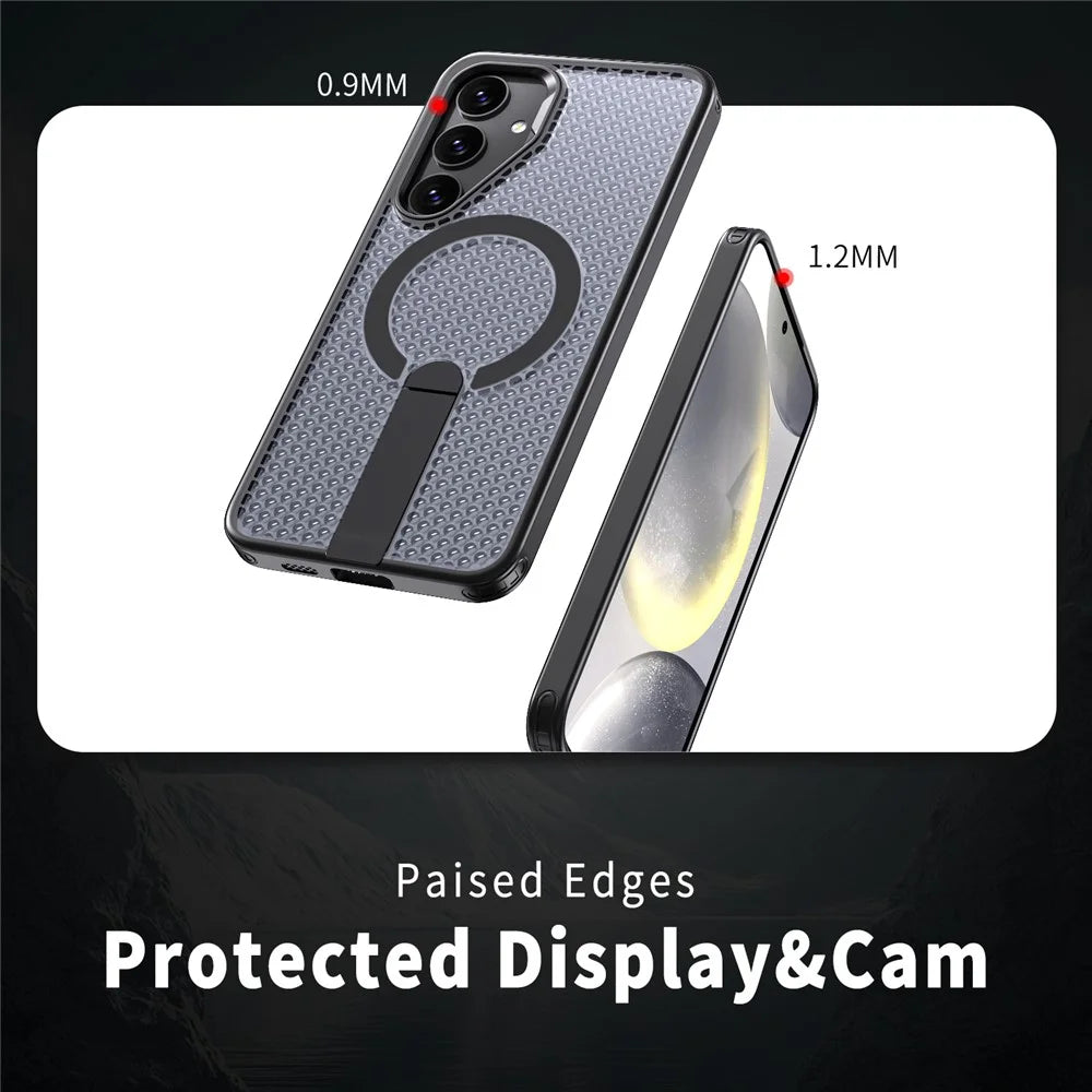 For Samsung Galaxy S25 FE Magnetic Case Kickstand Grid Texture TPU PC Phone Back Cover - Black - 4