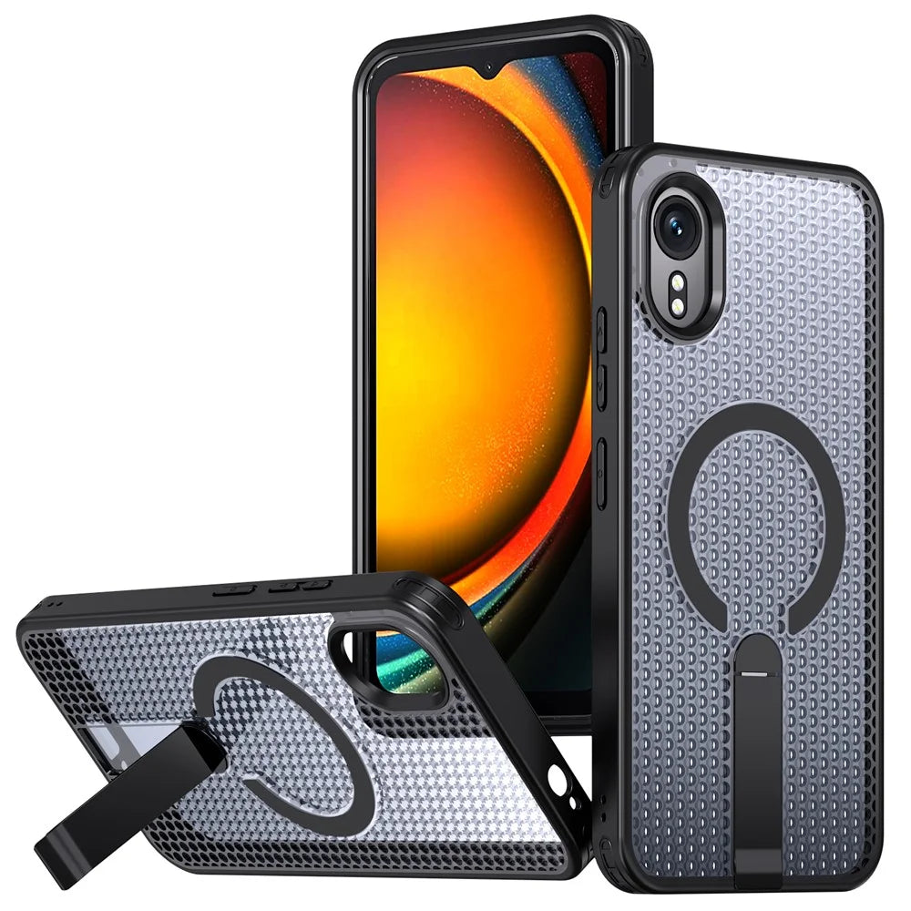 For Samsung Galaxy Xcover7 Magnetic Case Kickstand Grid Texture TPU PC Phone Back Cover - Black - 1