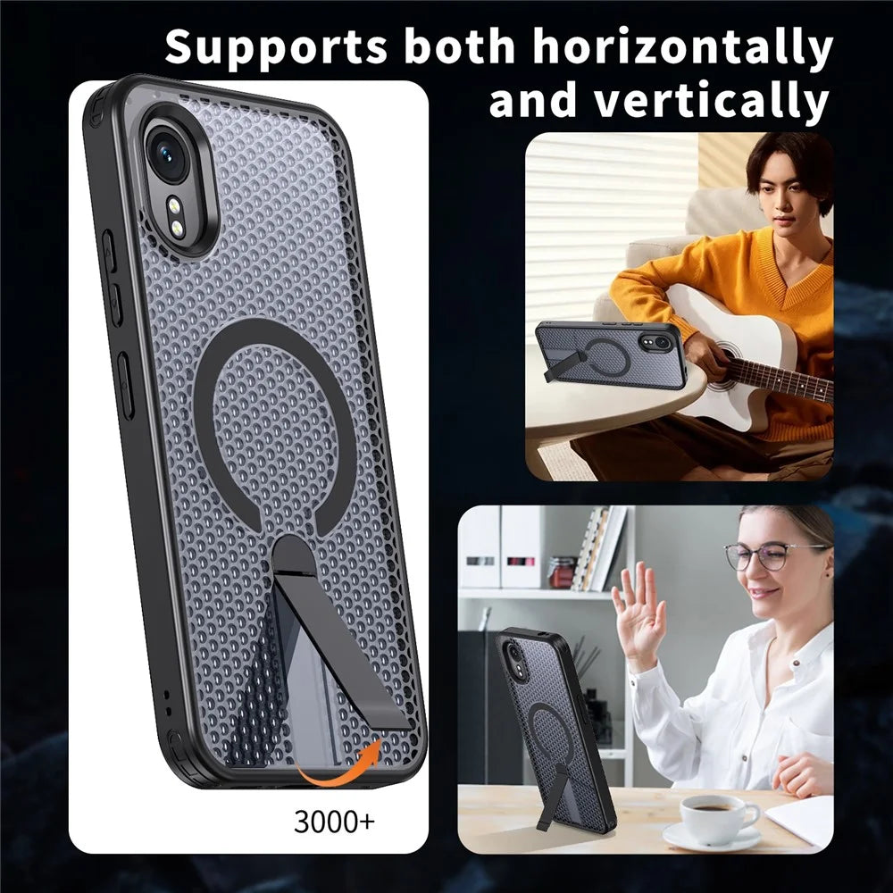 For Samsung Galaxy Xcover7 Magnetic Case Kickstand Grid Texture TPU PC Phone Back Cover - Black - 6