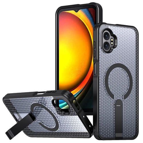 For Samsung Galaxy XCover7 Pro Magnetic Case Kickstand Grid Texture TPU PC Phone Back Cover - Black - 1
