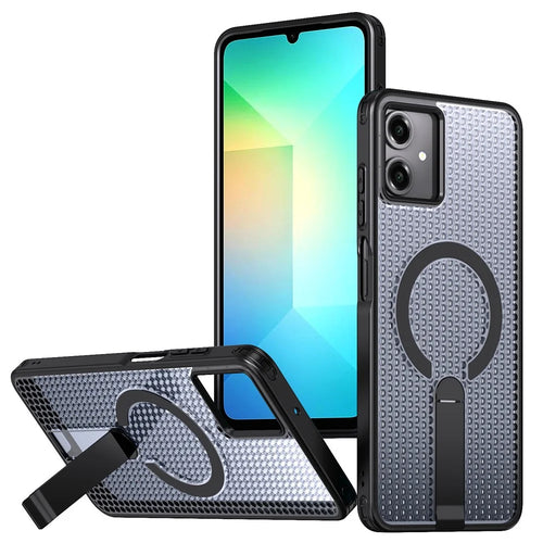 For Samsung Galaxy A06 4G Magnetic Case Kickstand Grid Texture TPU PC Phone Back Cover - Black - 1