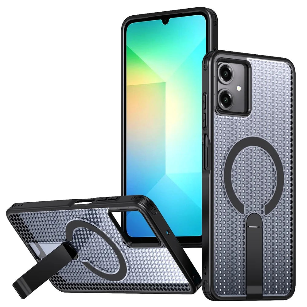 For Samsung Galaxy A06 4G Magnetic Case Kickstand Grid Texture TPU PC Phone Back Cover - Black - 1