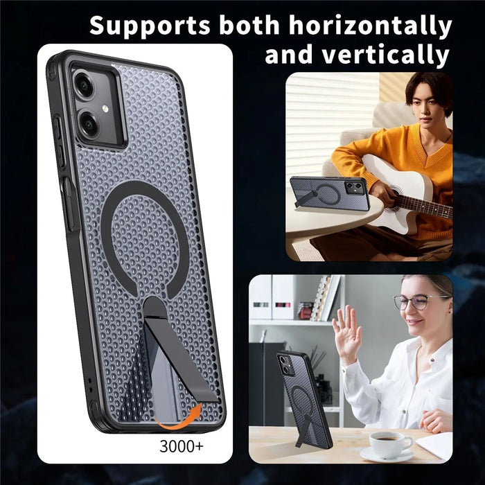 For Samsung Galaxy A06 4G Magnetic Case Kickstand Grid Texture TPU PC Phone Back Cover - Black - 6